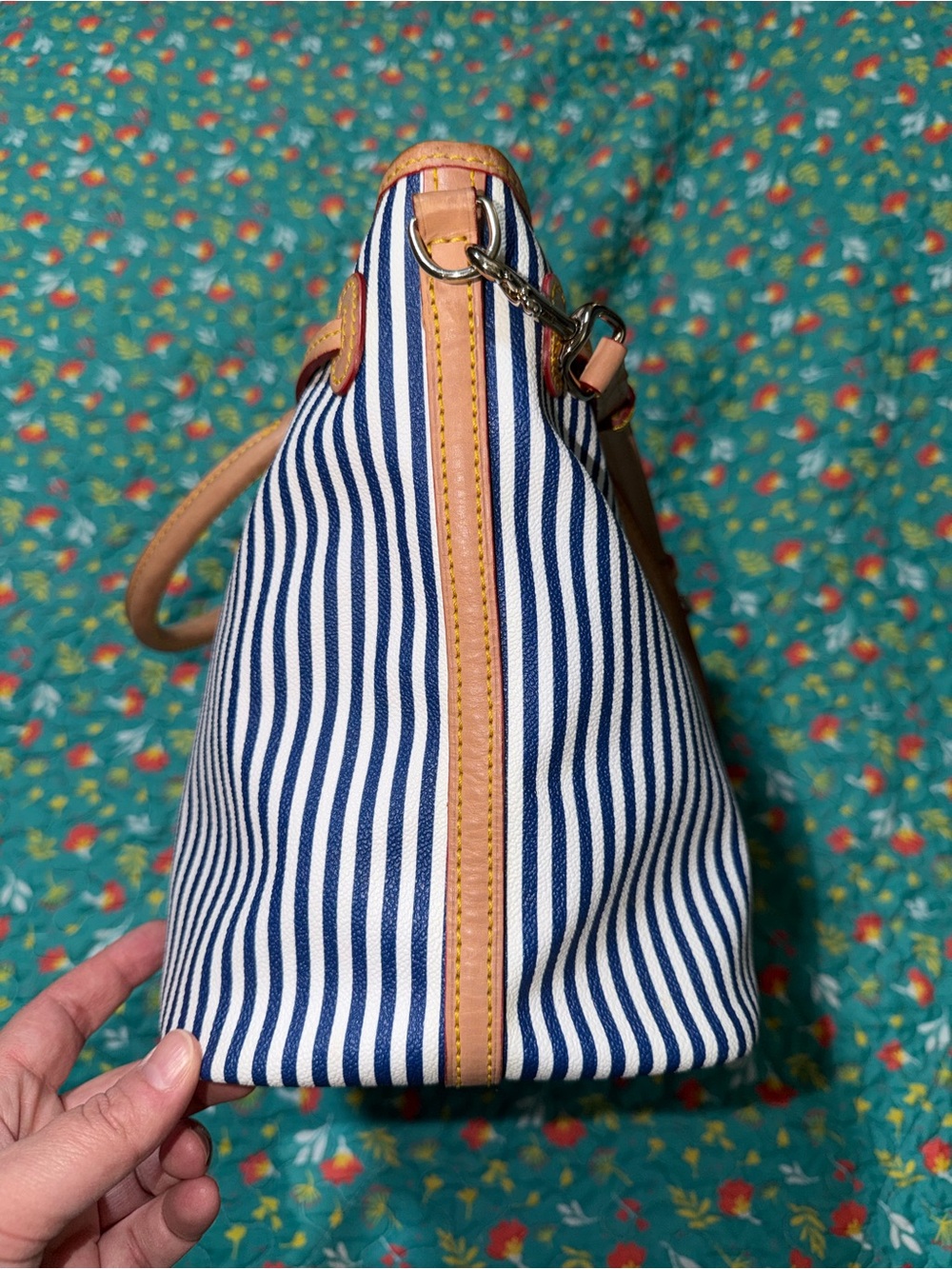 Dooney & Bourke Navy and White Stripe Tote with Tan Trim - Picture 7 of 16